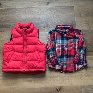 Old Navy Boys Red Puffer Vest and Plaid Shirt Size 2T